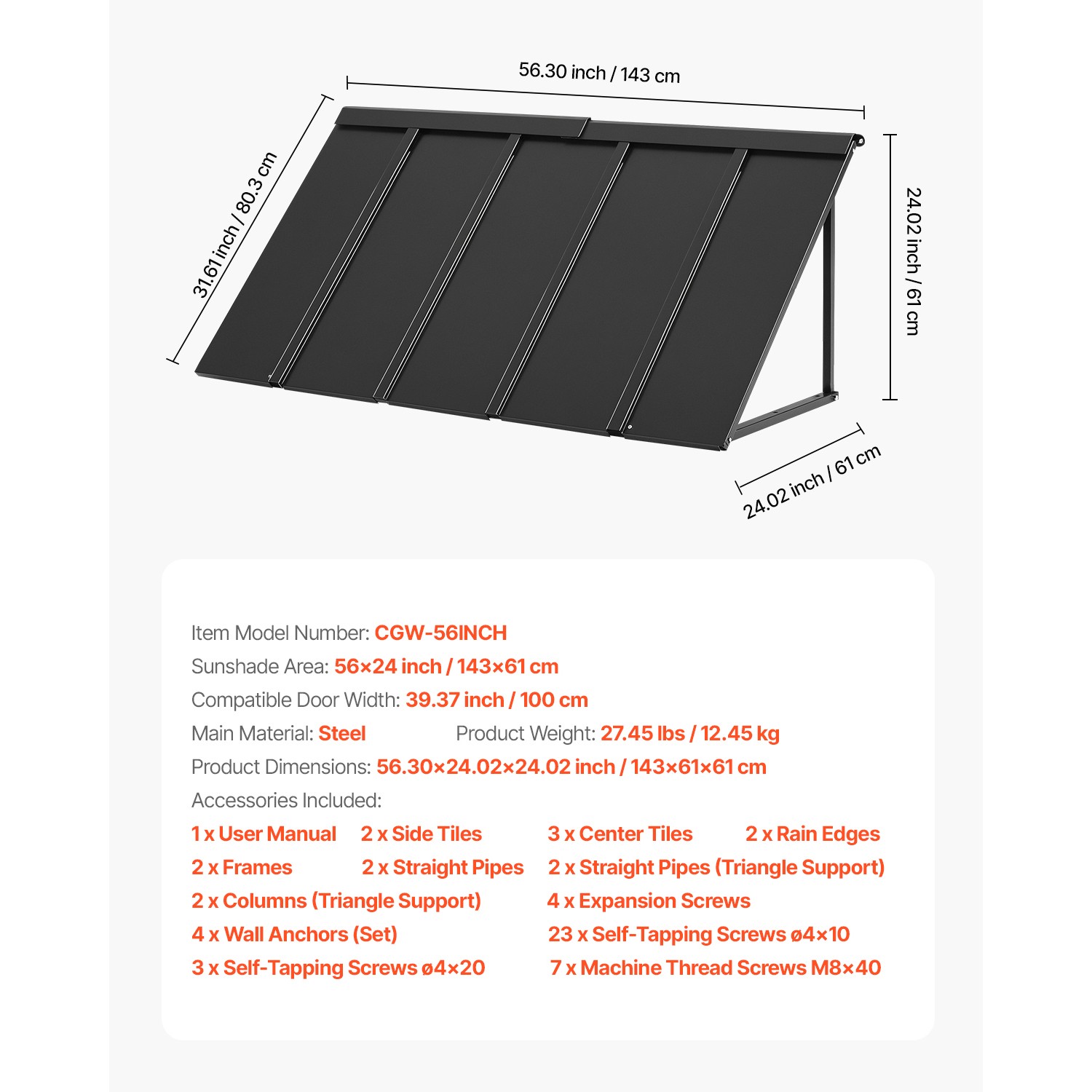 Window Awning Door Canopy 56x24 in Outdoor Steel Front Door Awnings Anti-Rust