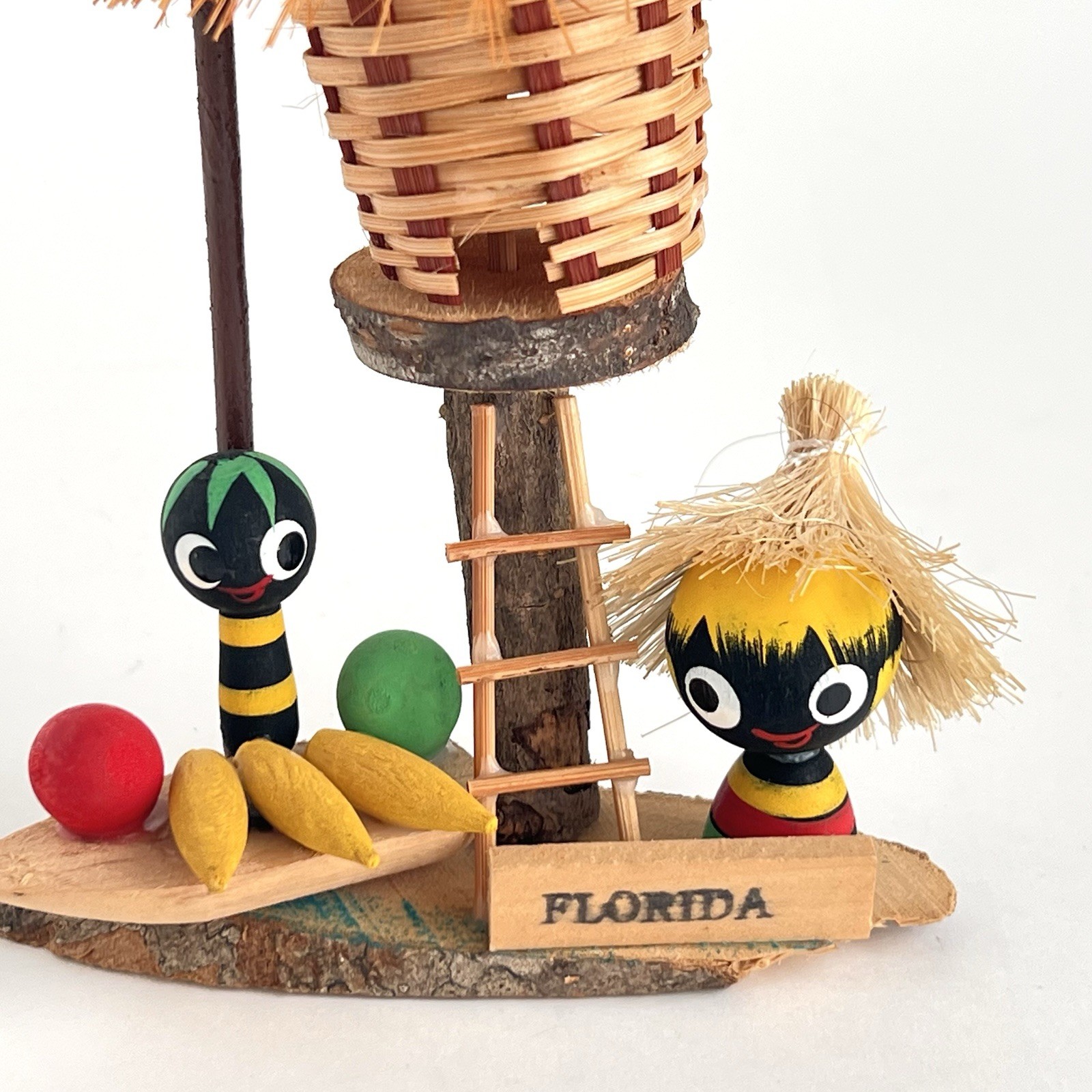 Vintage Black Americana Wood Tiki Hut & Palm Tree Fruit Florida Souvenir Kitsch