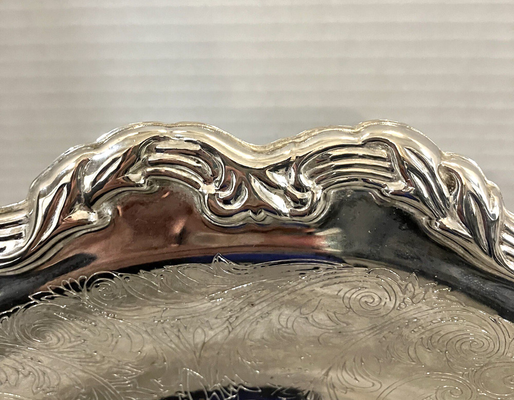 International Silver Co. Round Serving Platter w/ Etching & Scroll Edge