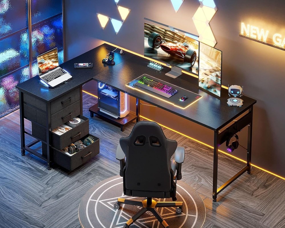 Home Office L Shape Corner Computer Desk Gaming PC Table with CPU Stand Side Bag