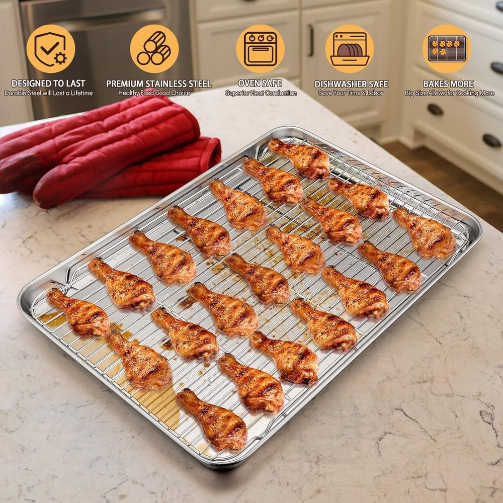E-far Cookie Sheet with Rack Set, Half Baking Pan for 17.7x13, Silver