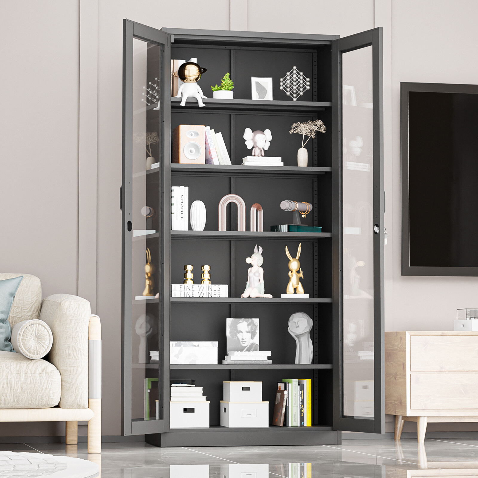 71" Tall Lockable Display Cabinet with Glass Doors & 5 Adjustable Shelves Black