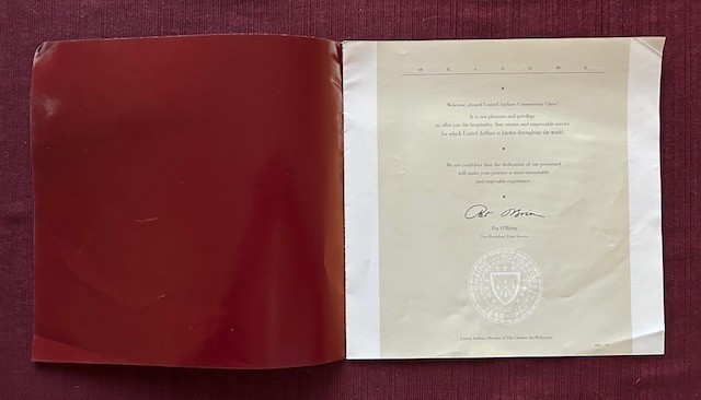 United Connoisseur Class Menu 1992