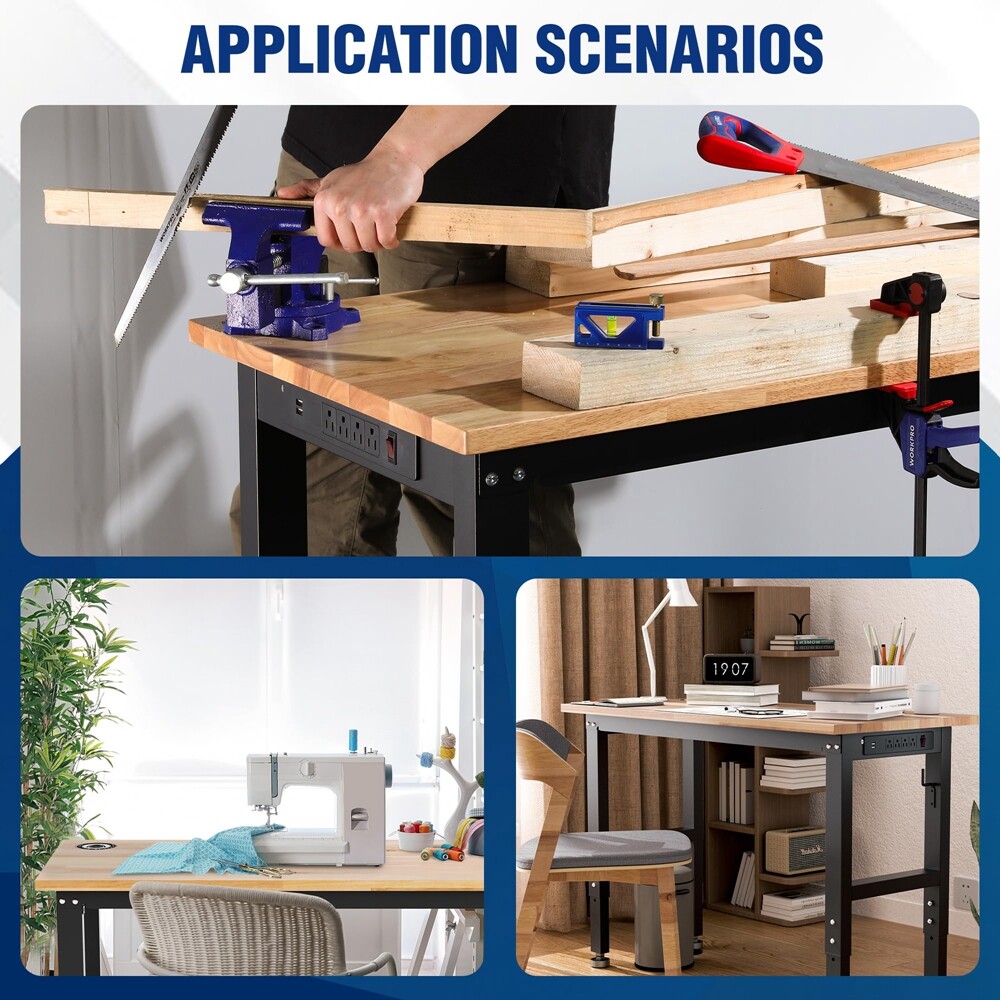 Workpro 48" Workbench Adjustable Height Work Table 1500LBS Load Rubber Wood Top