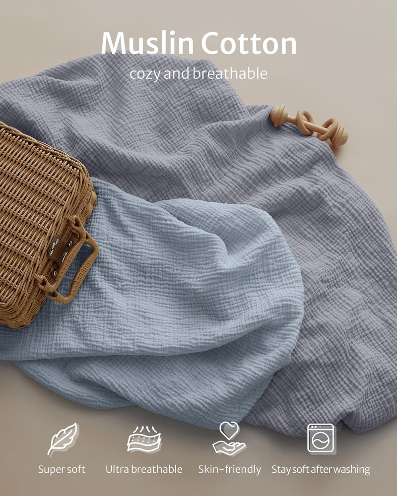 Blissful Diary Muslin Crib Sheets for 2 Pack, Light Blue & Grey