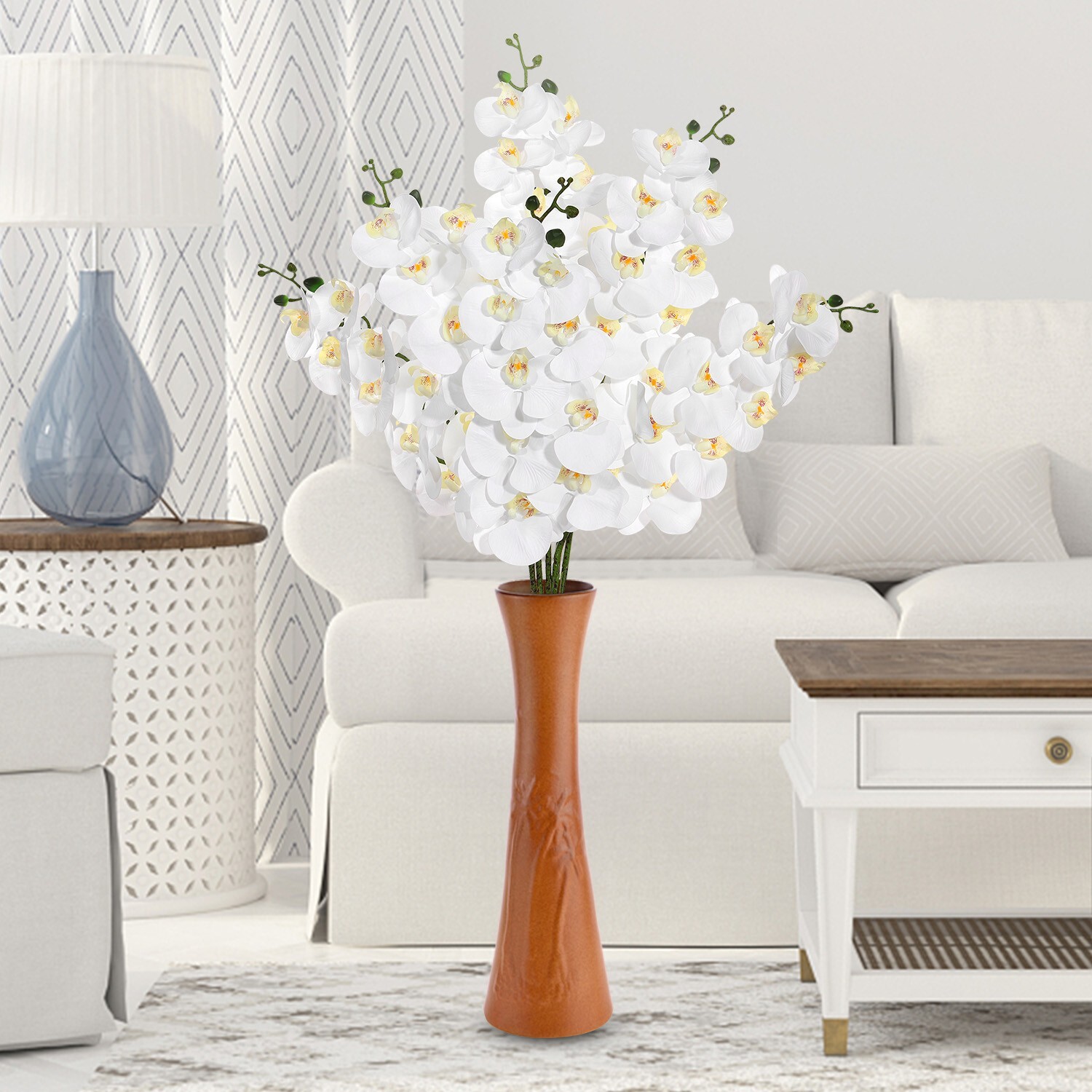 EZFLOWERY 2 Pcs 38’’ Artificial Real Touch Orchids Flowers 9 Heads Latex, White