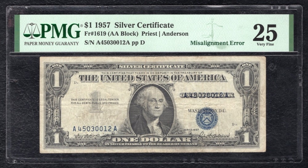 FR. 1619 1957 $1 SILVER CERTIFICATE NOTE “MISALIGNMENT ERROR” PMG VERY FINE-25