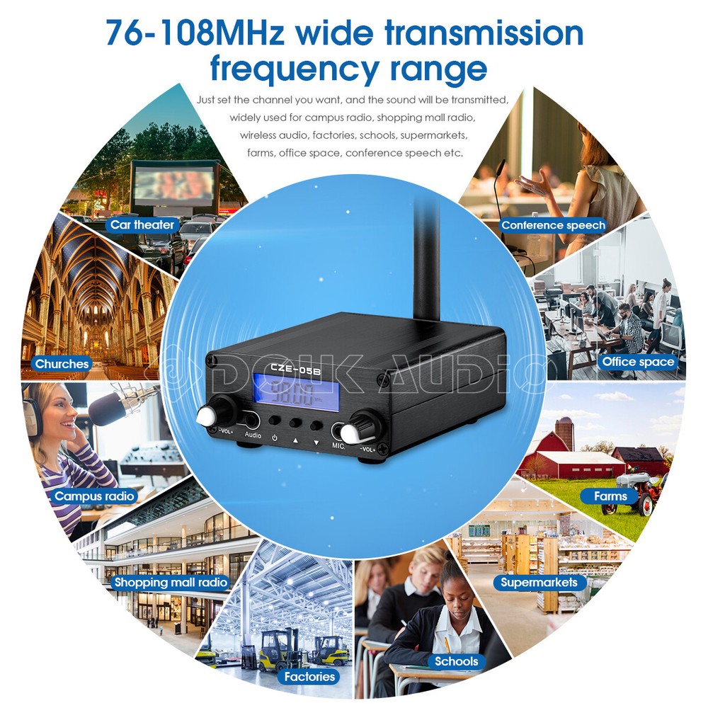 FM Transmitter 0.5W 76MHz~108MHz AUX+MIC Stereo Broadcast Station w/LCD Display