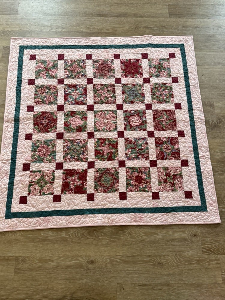 Stack n' Whack Handmade Quilt Sashed Square Blocks Cornerstone Floral Red Pink