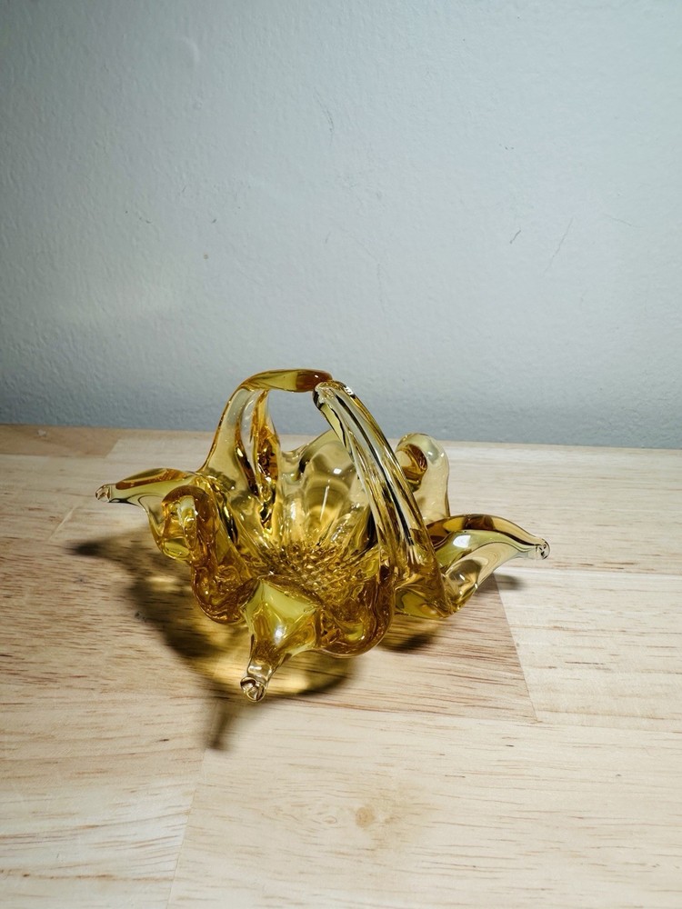 Art Glass Yellow Flower Shaped Trinket Dish Split Handle Waffle Cut Bottom