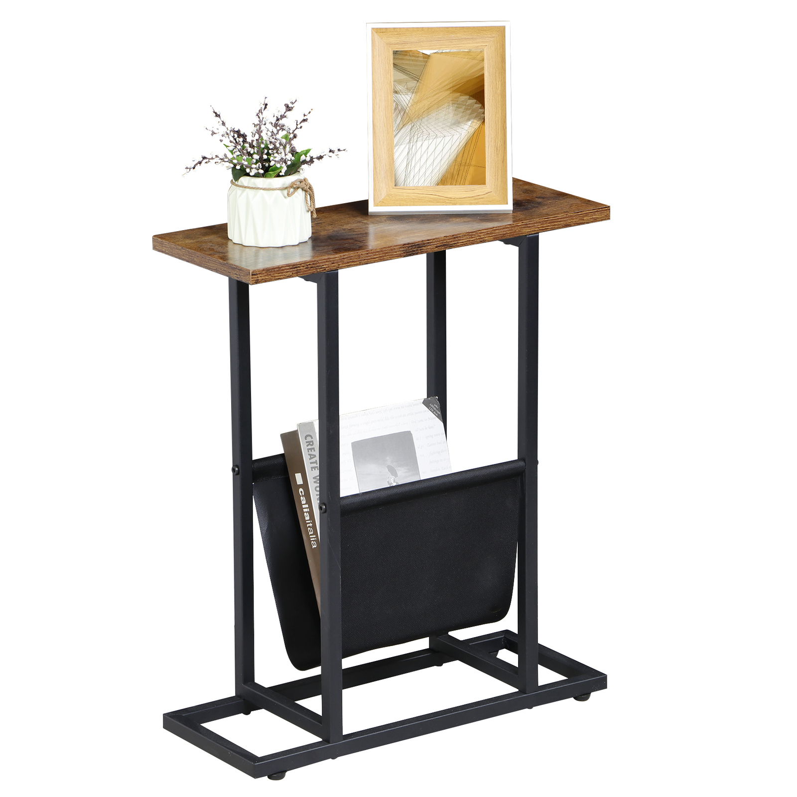 Narrow Small End Table with Magazine Holder ForLiving Room Corner Table Brown