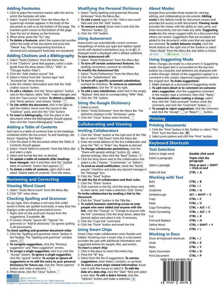 Google Docs Training Guide Quick Reference Card 4 Page Cheat Sheet Instructions