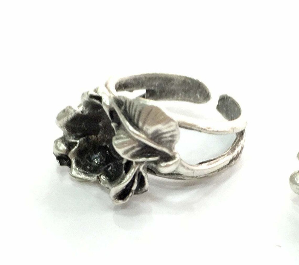Flower leaf Ring Blank Base Bezel Setting Antique Silver Brass Adjustable G3529
