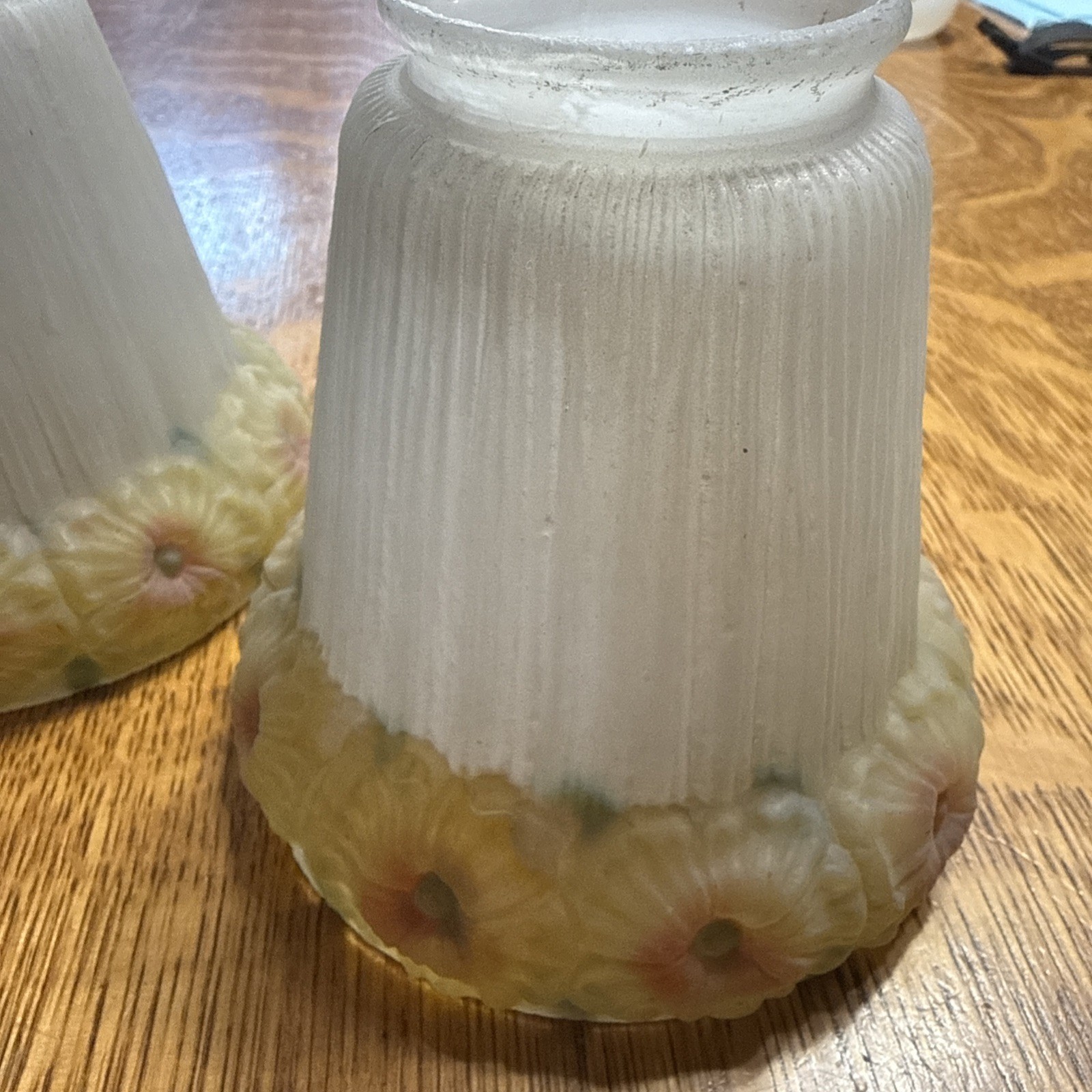 Antique Set 3 Reverse Painted Glass 4 5/8" Shades Yellow Flowers 2-1/4" Fitter