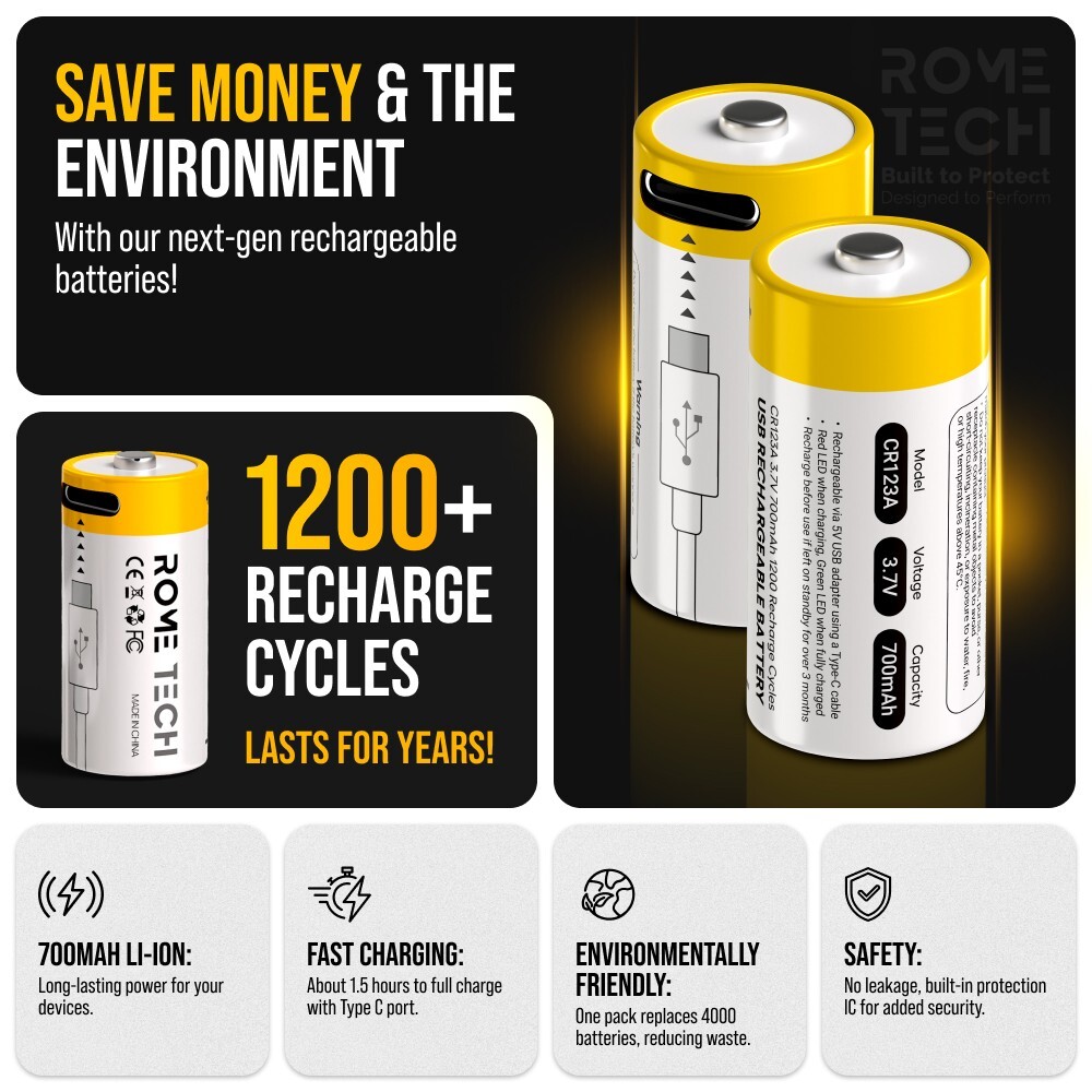 CR123A Rechargeable Batteries 3.7V 700 mAh with USB-C Charging Cable - 4 Pack