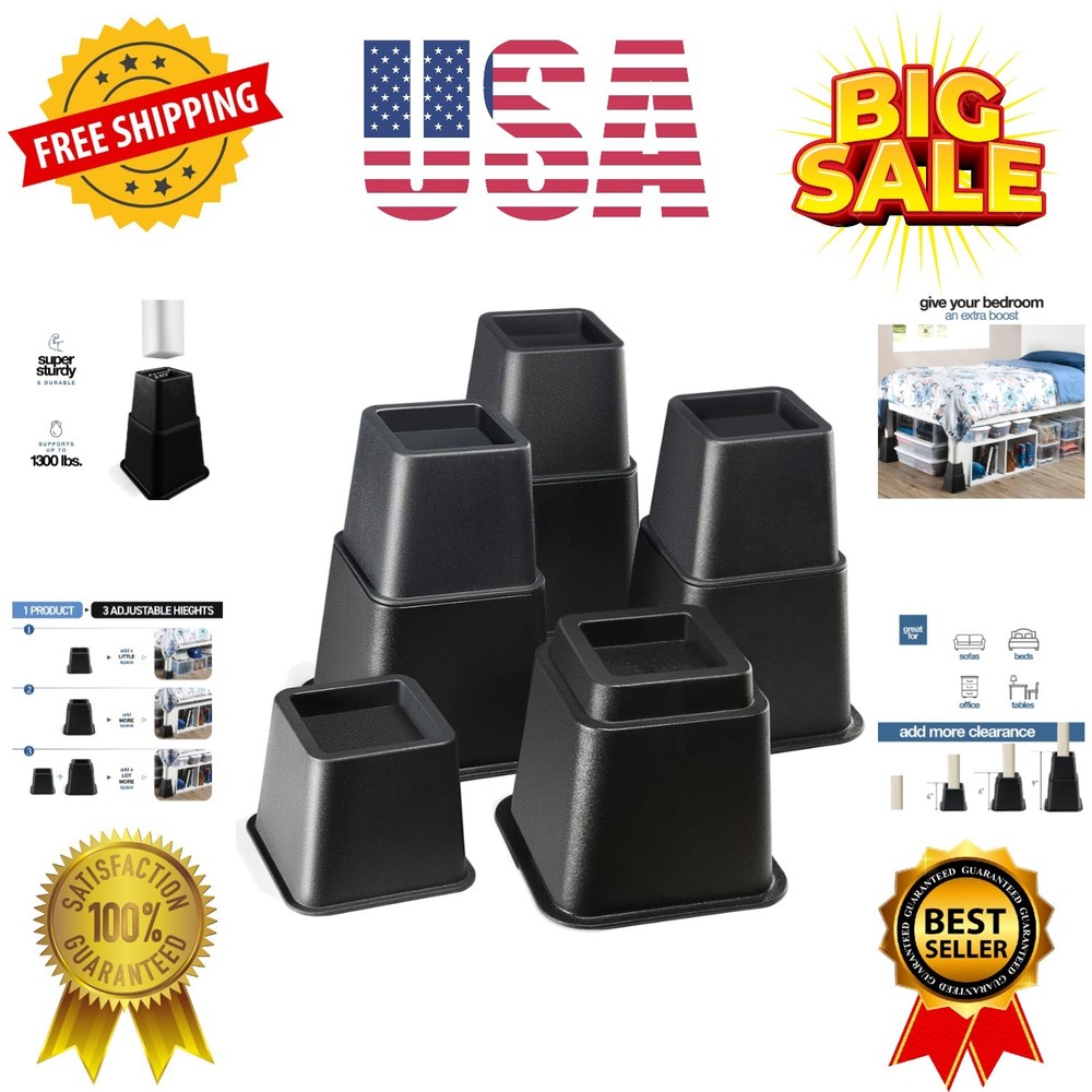 Adjustable Bed Risers - Elevation in 3, 5 or 8 Inch - Heavy Duty Stackable Fu...