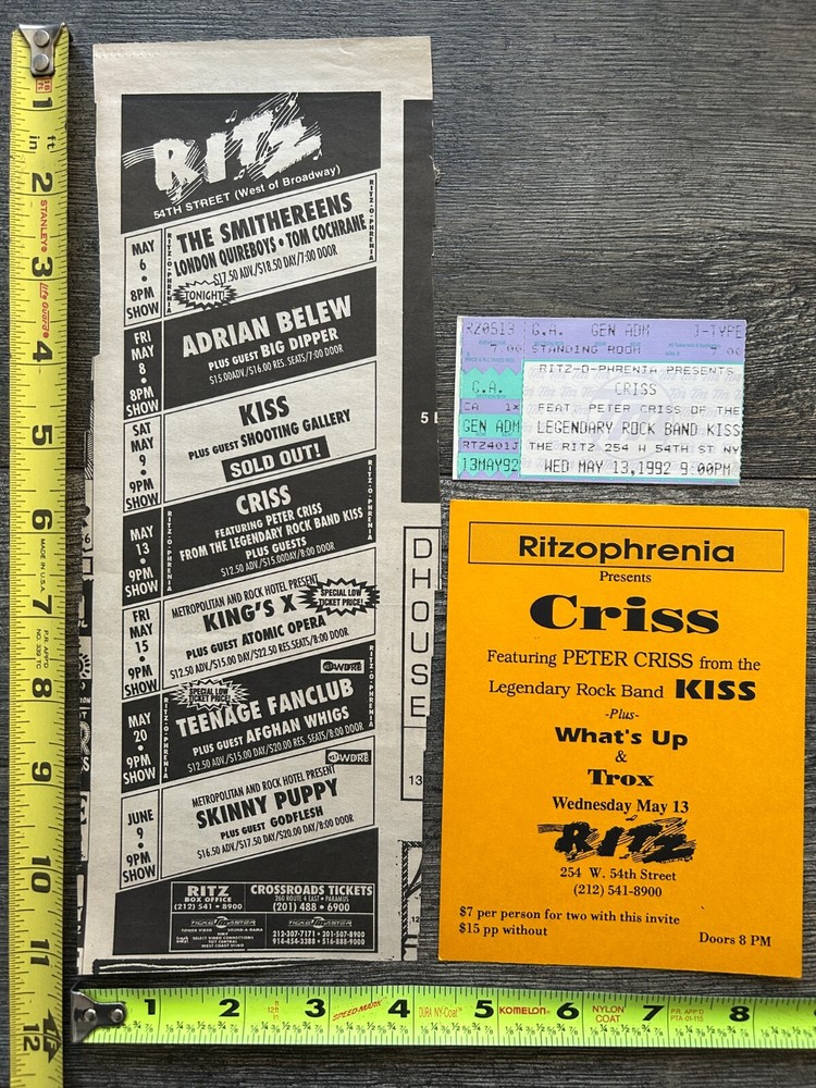 Kiss PETER CRISS Ritz NY Concert Ad Ticket Stub Handbill Set 1992 Vintage Kiss