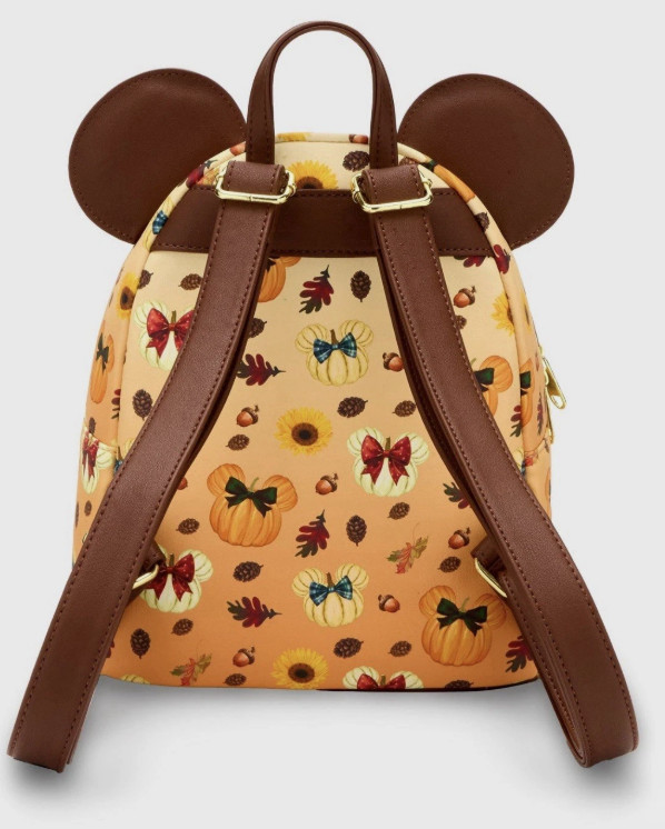 Loungefly Mini Backpack: Minnie Mouse Disney PUMPKIN FALL AOP Burgundy Bow Brown