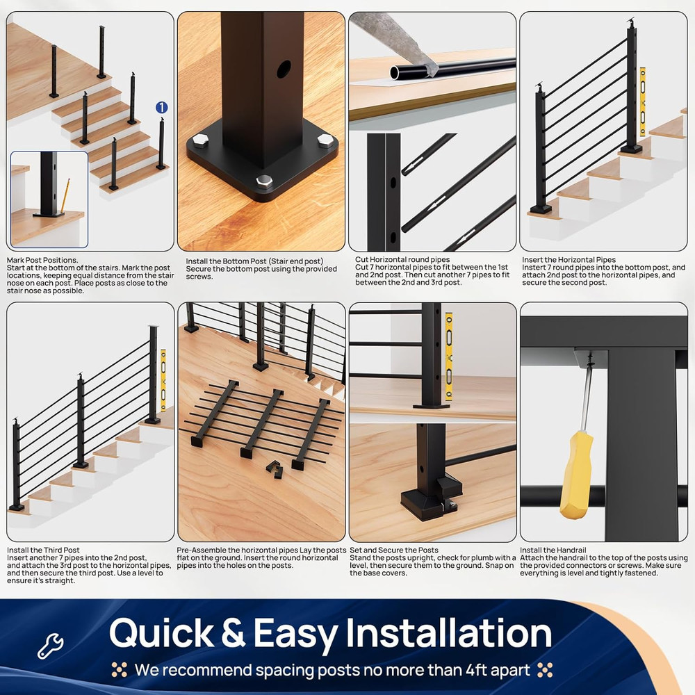 35" Horizontal Aluminum Deck Railing Post - Black Textured Finish