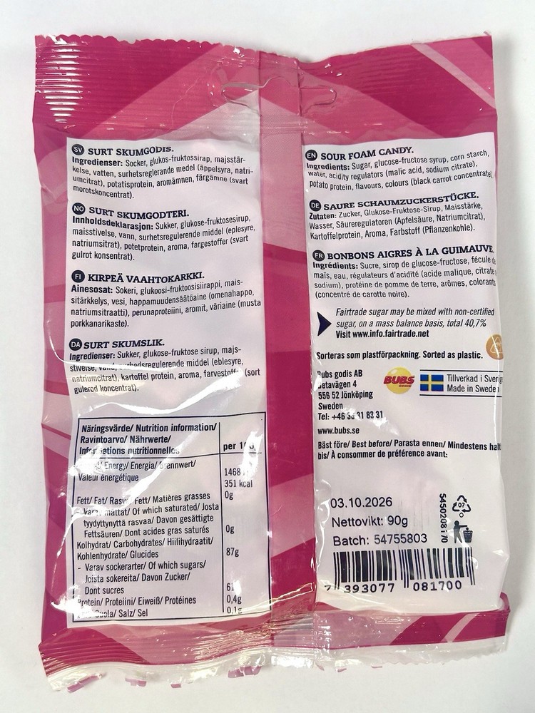 Bubs Cool Raspberry Skulls 90gr Bag Vegan Authentic Swedish Imported Candy