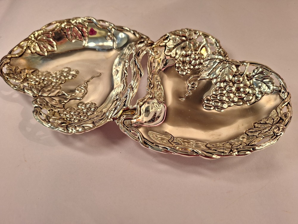 Godinger Silver Plated Double Heart Dish Grape Design Decor Gift