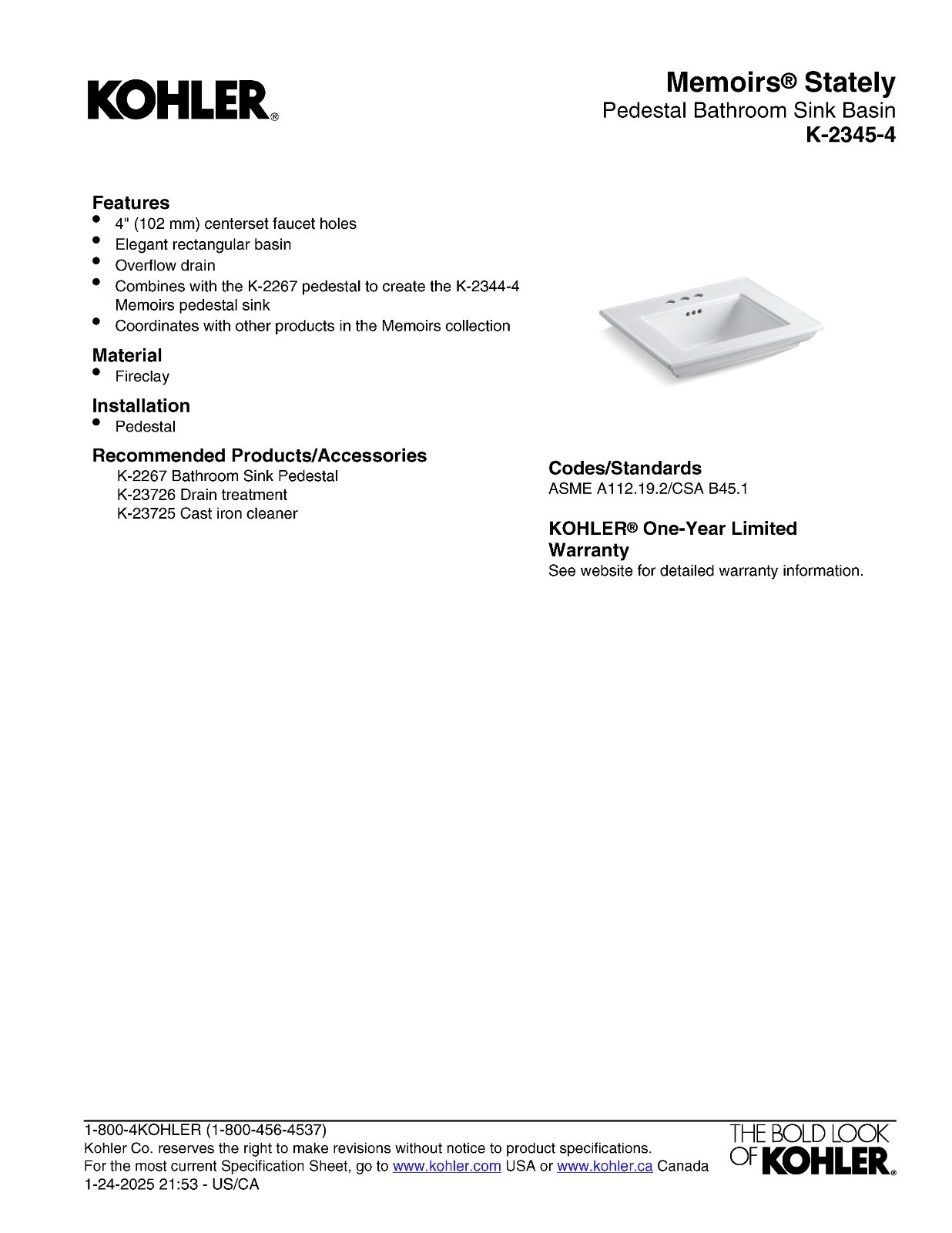 Kohler: Memoirs Pedestal Sink (Biscuit)