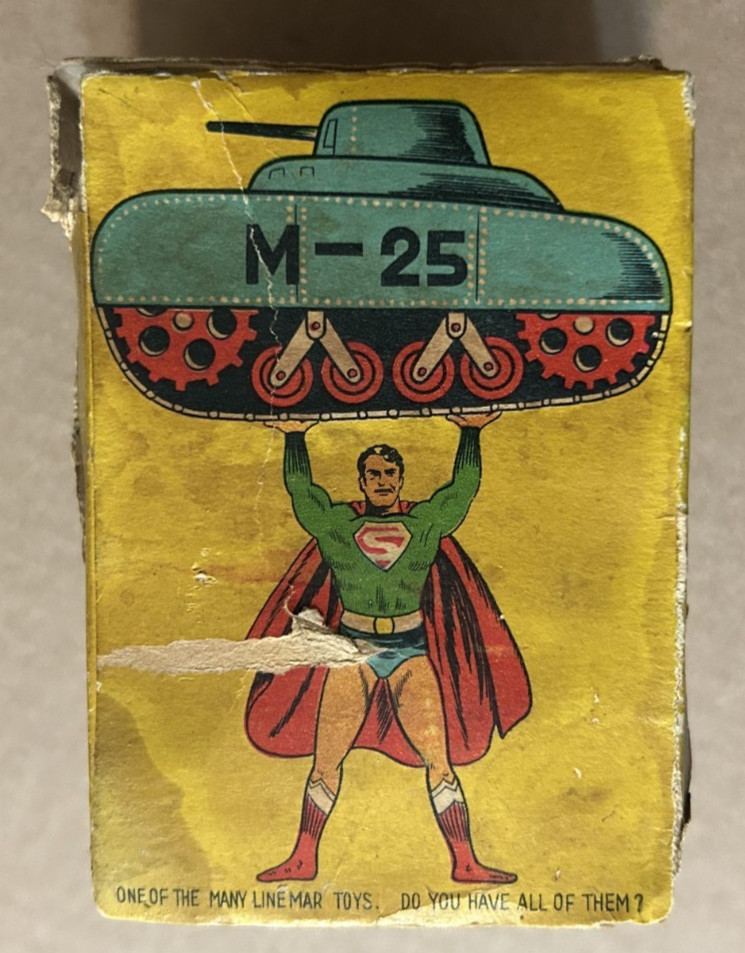 1950's Mechanical SUPERMAN TURNOVER TANK Linemar Tin Wind-Up w ORIGINAL BOX RARE