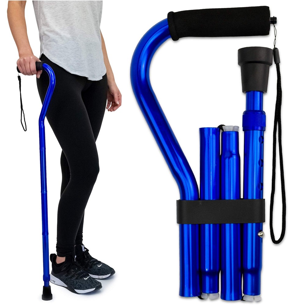 RMS Folding Cane with Offset Foam Handle, Adjustable Walking Stick Blue