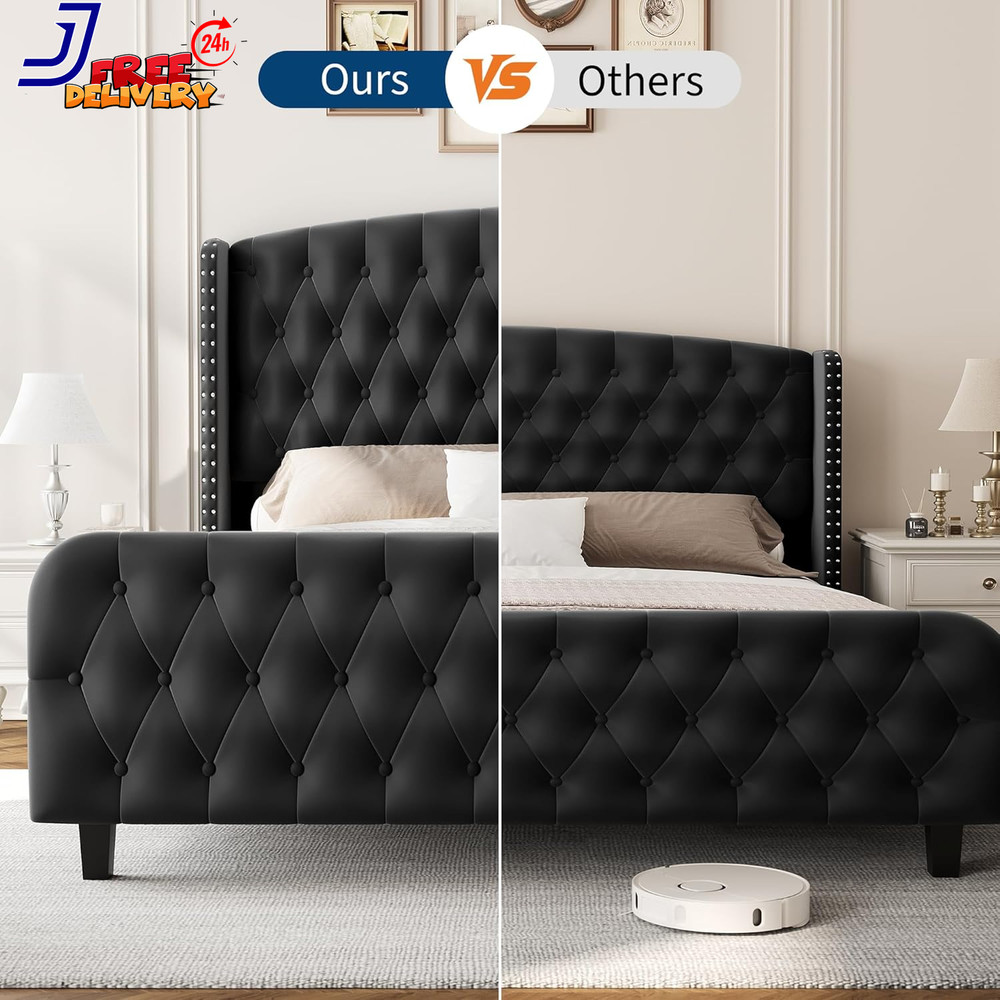 Chic 51" Tufted Suede Queen Bed Frame with Wingback & Nailhead Accent