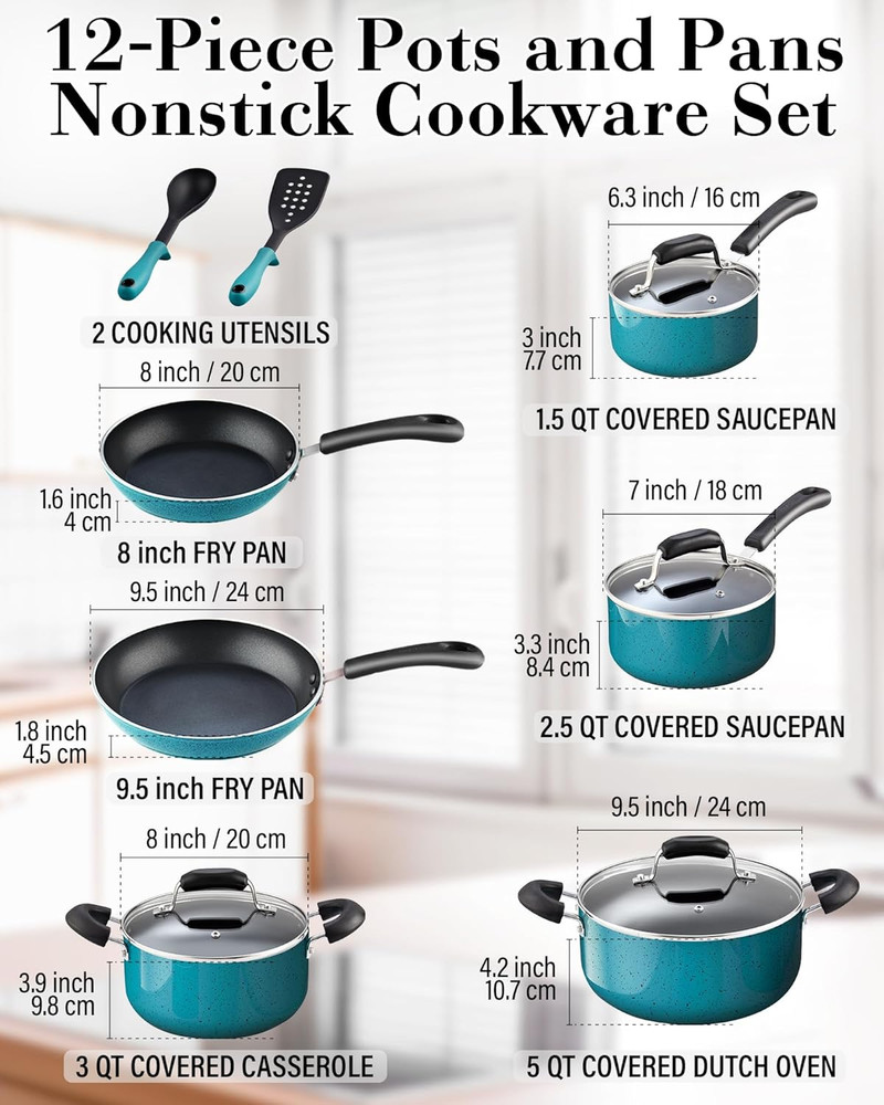 12-Piece Nonstick Cookware Set, Induction Compatible, Turquoise