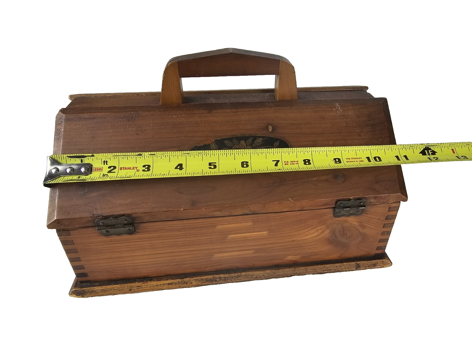 Vintage Wooden Sewing Jewelry Keepsake Box w Handle Floral Decal Craft Storage