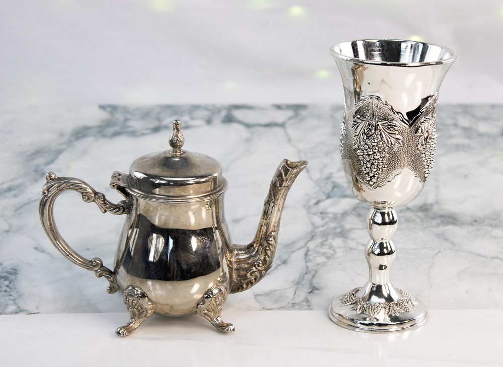 Silverplate Teapot and Grape Goblet Set Elegant Barware