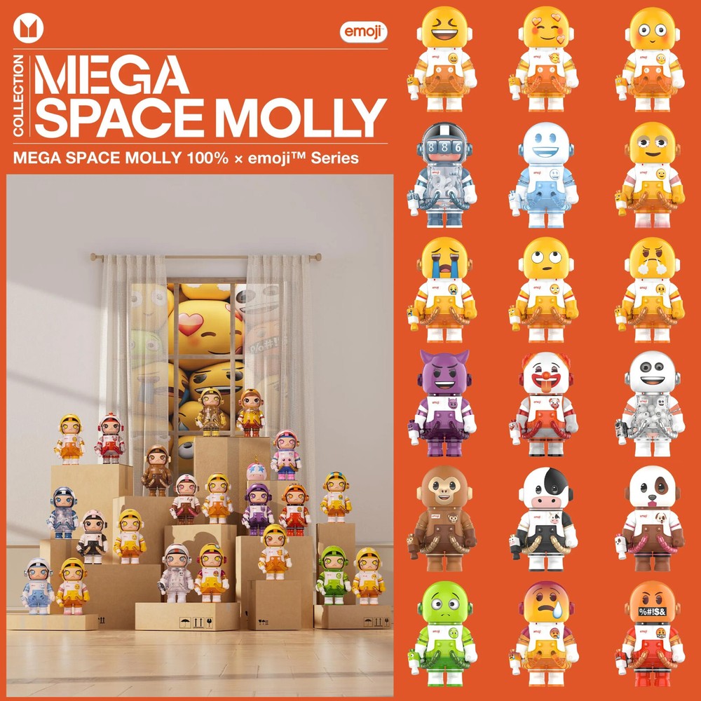 POP MART 100% Mega Space Molly x Emoji Series Confirmed Figure Doll in Open Box