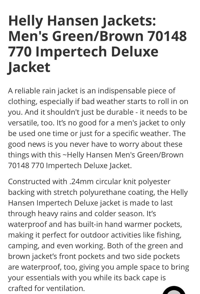 Helly Hansen Impertech Jacket 70148 Green Brown Large HOODED