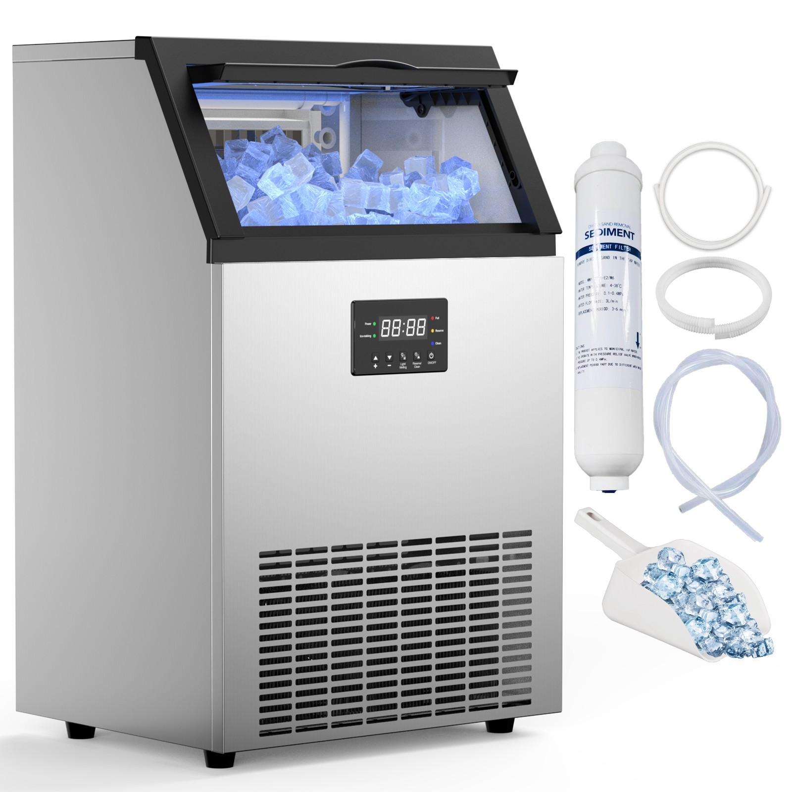 200lbs/24H Commercial Ice Maker Under Counter Freestanding Full ice Cube Machine