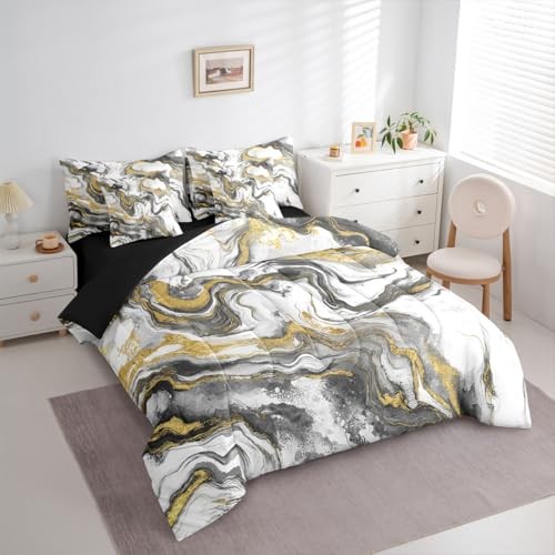 Marble Grain Size Bed Sheets and Comforter Set, Classic Full Grey White Gold