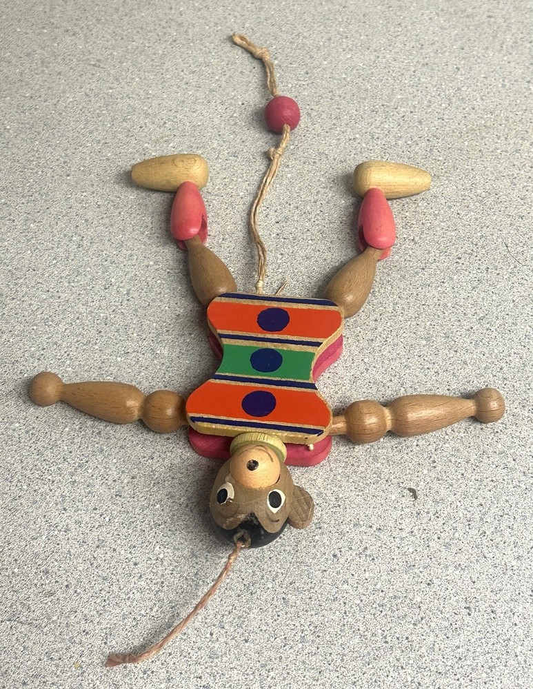 Wooden Monkey Pull String Puppet/Jumping Jack Vintage Toy Made In Austria