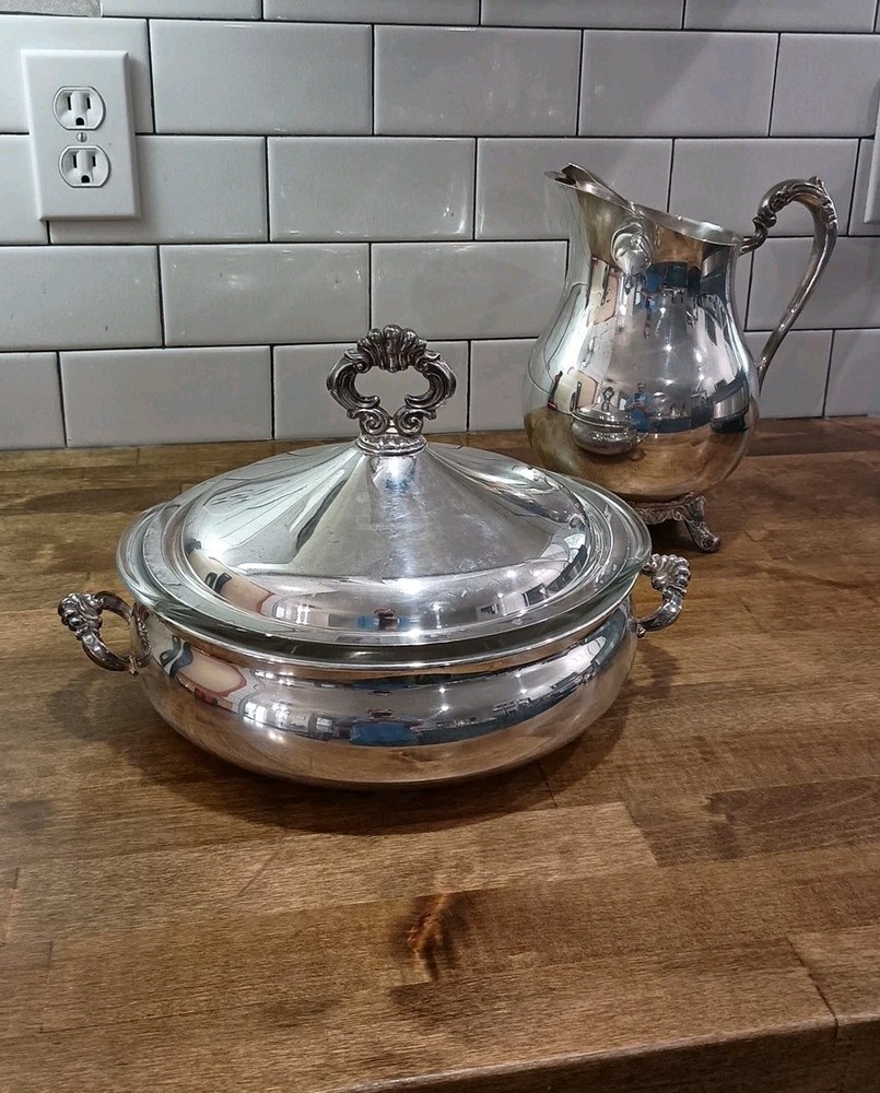 FB Rogers Silver Plate Covered Casserole Serving Dish Bowl with Insert + Pitcher