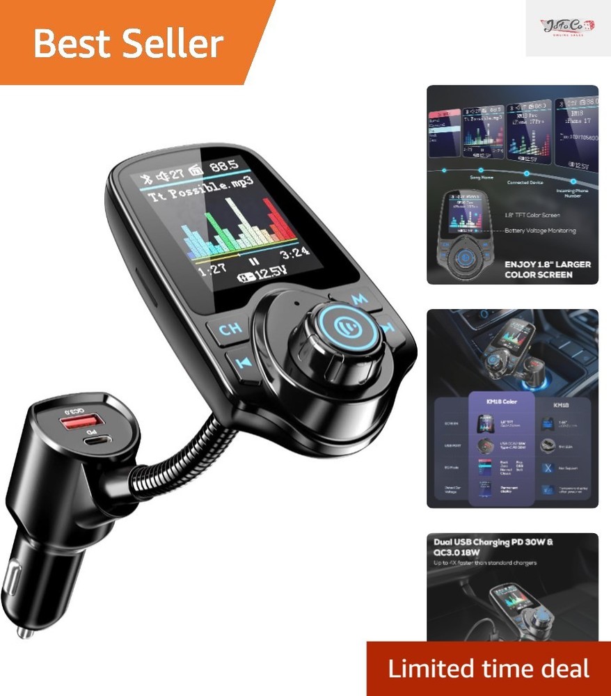 2026 KM18 Upgraded Bluetooth Car Adapter with 1.8" Color Screen & Fast Charging