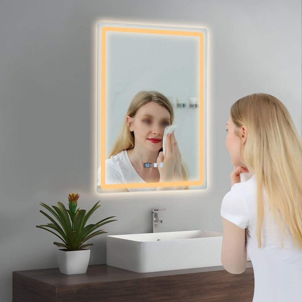 LED-Bathroom-Mirror Rectangular Dimmable Anti-Fog Mirror w/ Light Wall Mounted