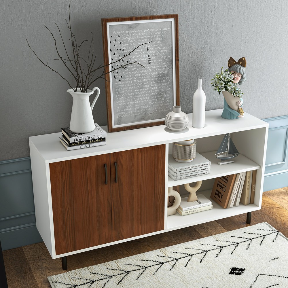 Modern Sideboard Cabinet w/ Spacious Tabletop & Multiple Shelves Walnut White