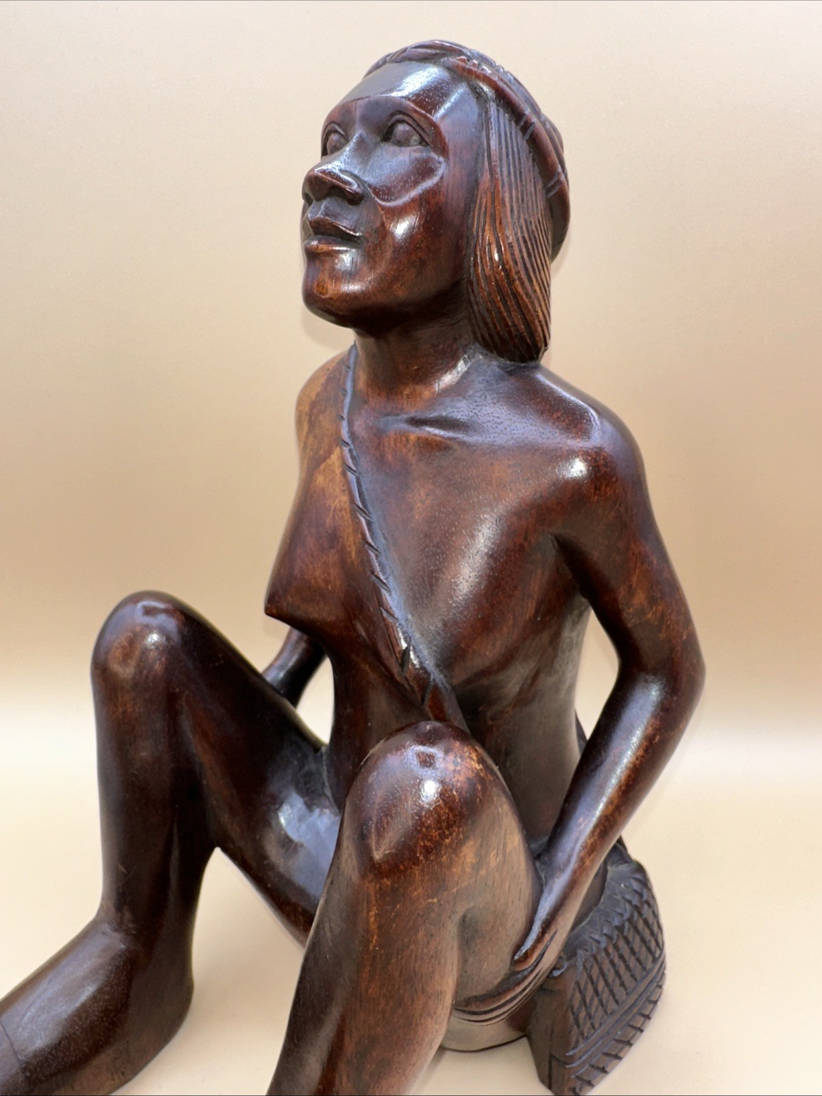 RARE!!  VTG AFRICAN MAKONDE MAASAI HAND-CARVED EBONY WOOD SEATED WOMAN SCULPTURE