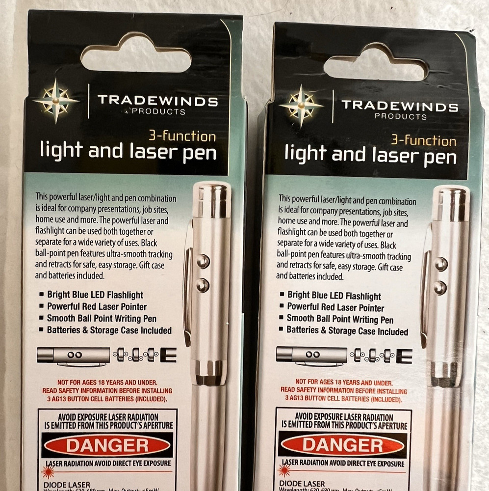 "Tradewinds"- Laser/Flash Light /Pens-3 Function Combo TWO EACH PENS- BRAND NEW