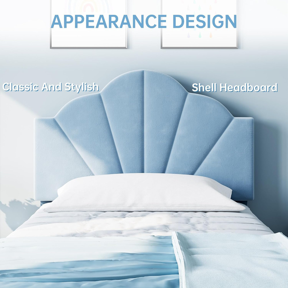 Twin Bed Frame, Velvet Upholstered Platform Bed Frame with Height Adjustable Hea