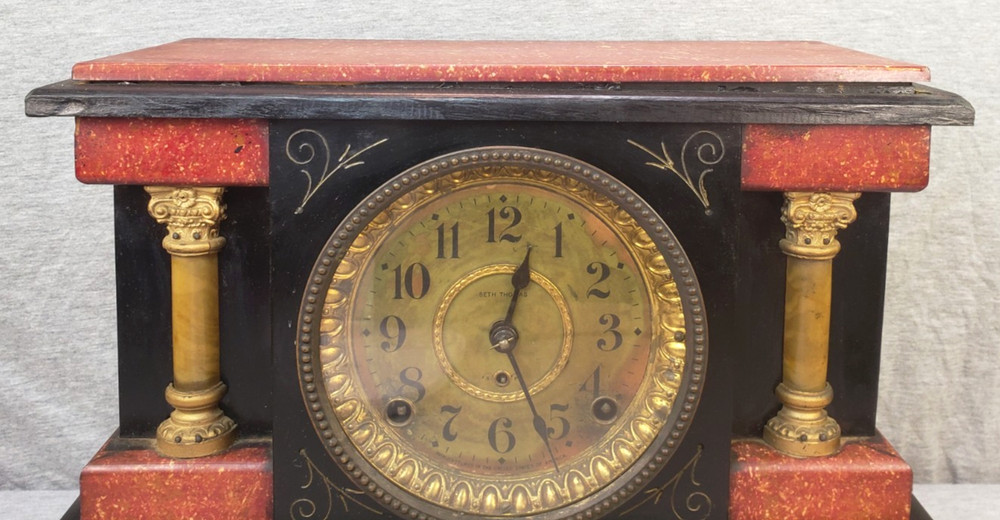Antique Seth Thomas Red & Black Two Column Adamantine Mantel Clock & Pendulum PR