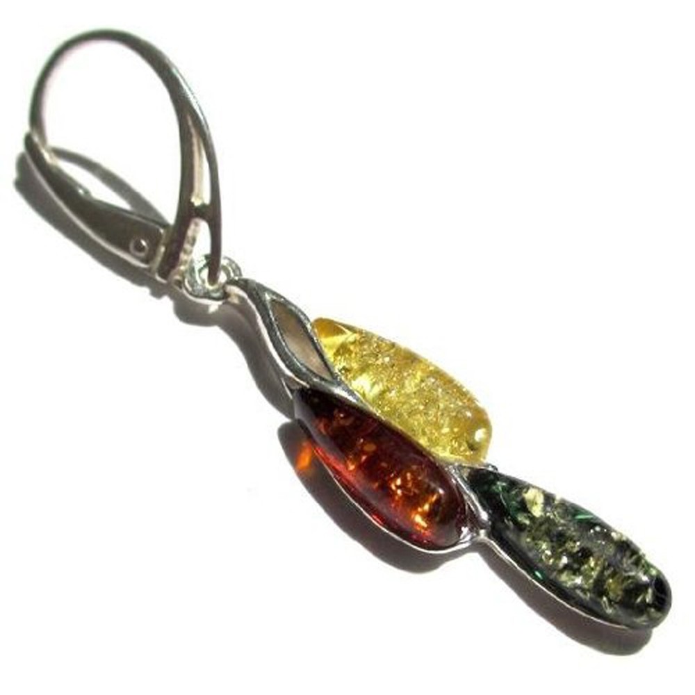 925 Solid Pure Sterling Silver Multicolor Baltic Amber Drop Leverback Earrings