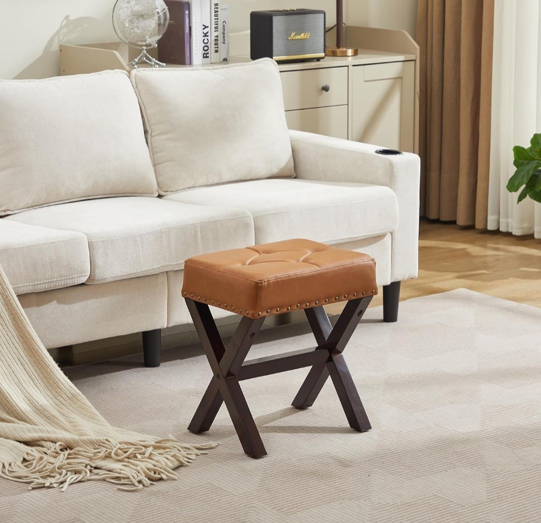 Square Makeup Stool with Rivets Wood X-Legs,Modern Vanity Ottoman Chair