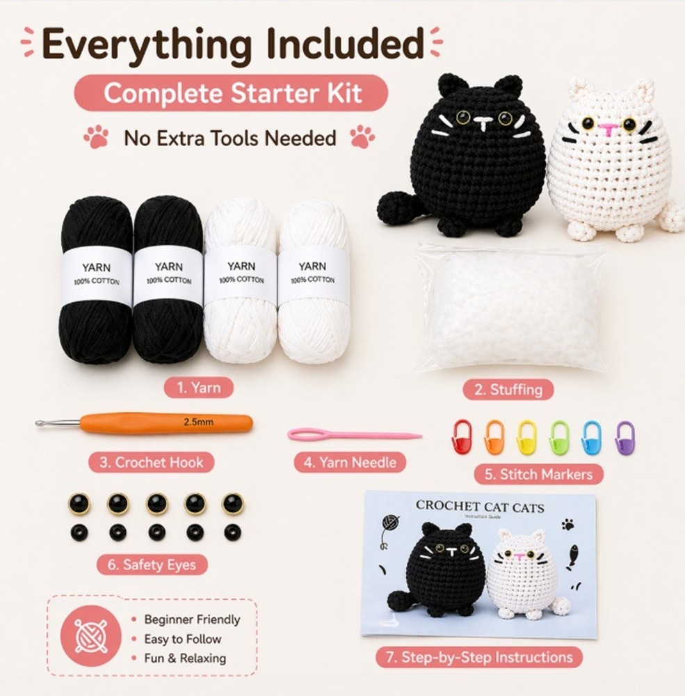 Cat Crochet Kit 2 Pack for Beginners Amigurumi Starter Set with Video Tutorial