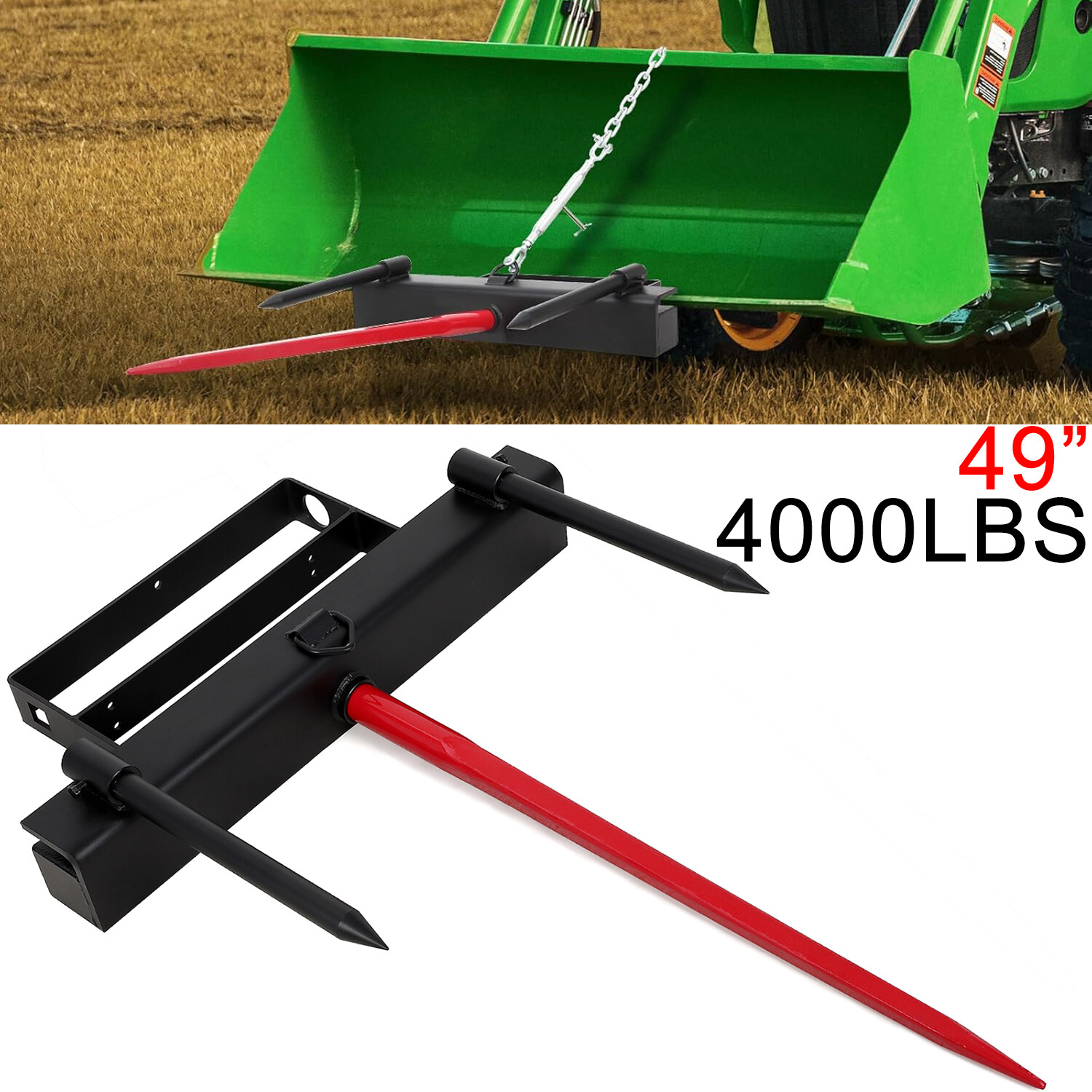 49" Hay Spear Bale Spear Skid Steer Loader Tractor Bucket Attachment Quick Attac