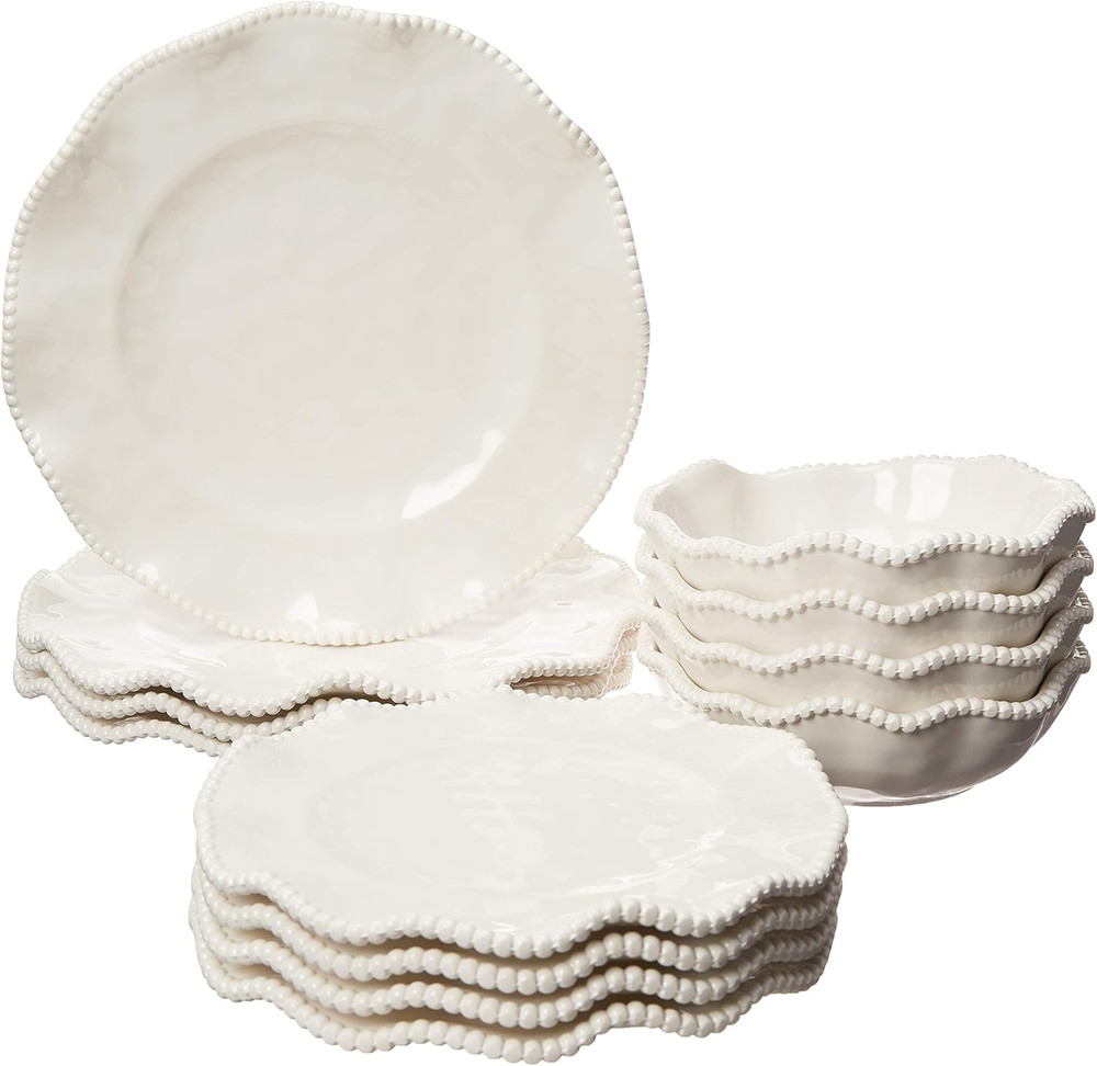 Perlette Off-White Beaded 12-Piece Dinnerware Set – Includes 4 Dinner Plates, 4